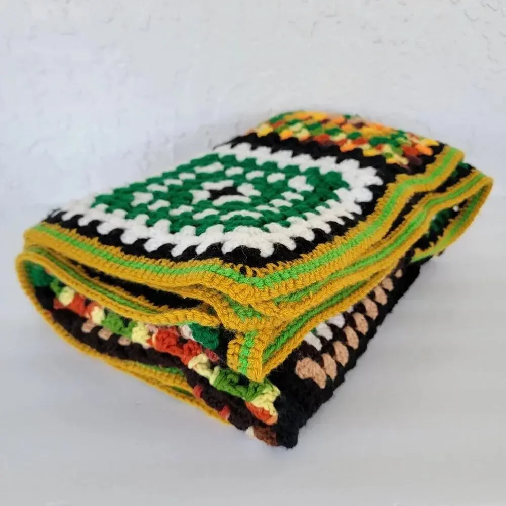Vintage Handmade Crochet Granny Square Blanket Multicolor 53 x 75 Cozy Throw